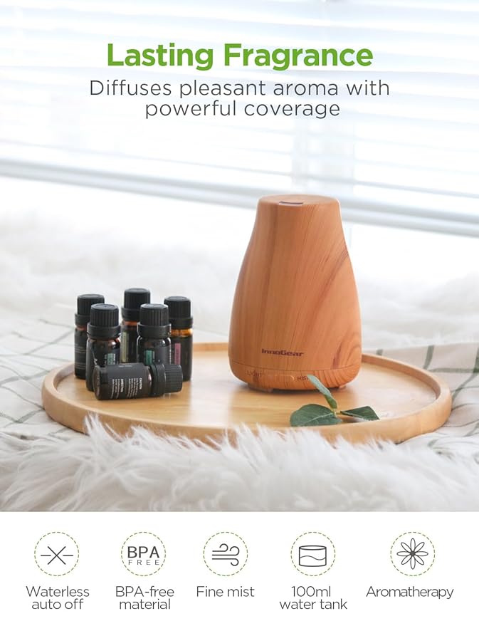 InnoGear Essential Oil Diffuser with Oils, 100ml Aromatherapy Diffuser with 6 Essential Oils Set, Aroma Cool Mist Humidifier Gift Set, Yellow Wood Grain