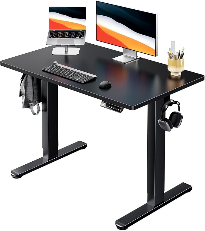 HUANUO Electric Standing Desk, 40" x 24" Whole Piece Desktop, Adjustable Height Computer Desk, 4 Height Memory Settings, Sit Stand Up Desk for Home Office, Black