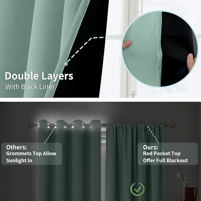 BGment 100% Blackout Curtains for Bedroom with Black Liner, Double Layer Full Room Darkening Noise Reducing and Thermal Insulated Rod Pocket Curtain (52 x 84 Inch, Frosty Green, 2 Panels)