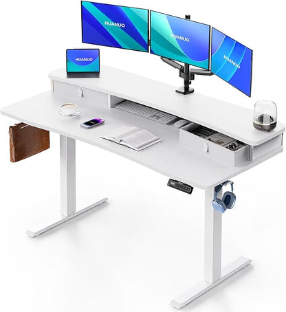 HUANUO 55″ x 26″ Electric Standing Desk with 2 Drawers, C-Clamp Mount Compatible, Height Adjustable Computer Desk, Home Office Stand Up Desk with 4 Preset Heights & 2 Hooks, White