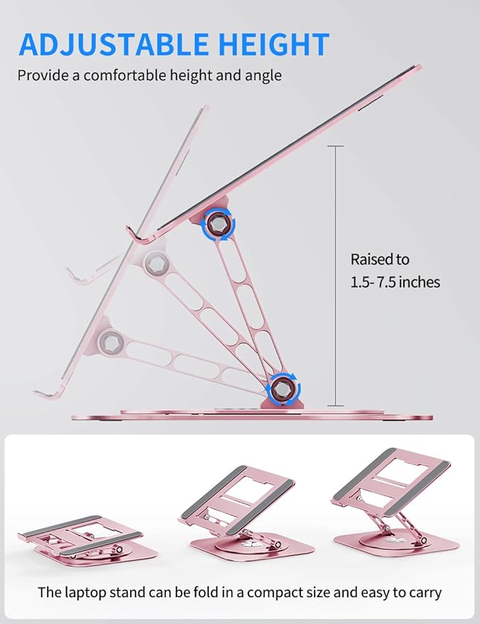 Adjustable Laptop Stand with 360 Rotating Base, Computer Stand for Laptop Ergonimic Foldable Laptop Riser for Desk Compatible with MacBook Pro/Air Notebook up to 16 Inches,Pink