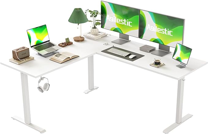 Agilestic L Shaped Standing Desk Adjustable Height, Electric Corner Standing Desk, 63 x 55 inch Sit Stand Computer Table with Splice Board, White