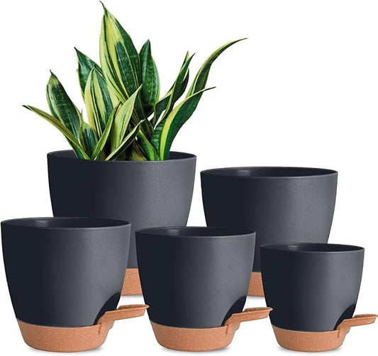 Plant Pots Pack of 5, 7/6.5/6/5.5/5 Inch Self Watering Planters with Drainage Hole Planter for Indoor Plants, Planting Pots for African Violet, Ochid and House Plants (Black)