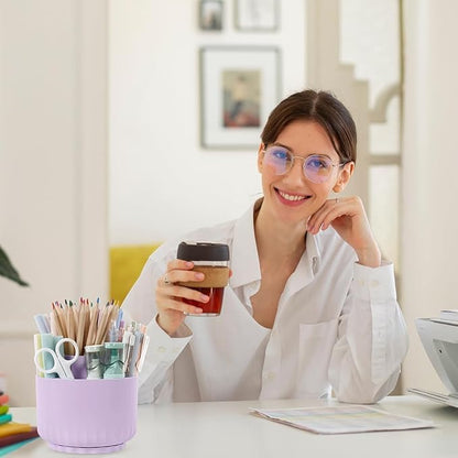 SKYDUE 360 Degree Rotating Desk Organizer, Dual-Purpose Pencil Pen Holder for Desktop, Rotating Desk Pen Organizer with 5 Slots Purple