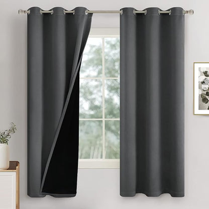 100% Blackout Curtains for Bedroom 63 Inch Length, Thermal Insulated 100% Light Blocking Bedroom Curtains Soundproof Heavy Thick Window Curtains, Each 42 Inch Wide, 2 Panels, Dark Grey