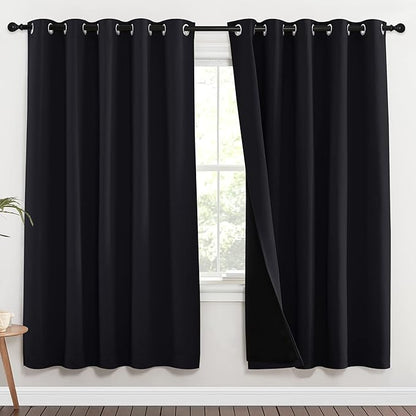 NICETOWN 100% Blackout Window Curtain Panels, Full Light Blocking Drapes with Black Liner for Nursery, 72 inches Drop Thermal Bedroom Drapes and Curtains (Black, 2 Pieces, 70 inches Wide Per Panel)