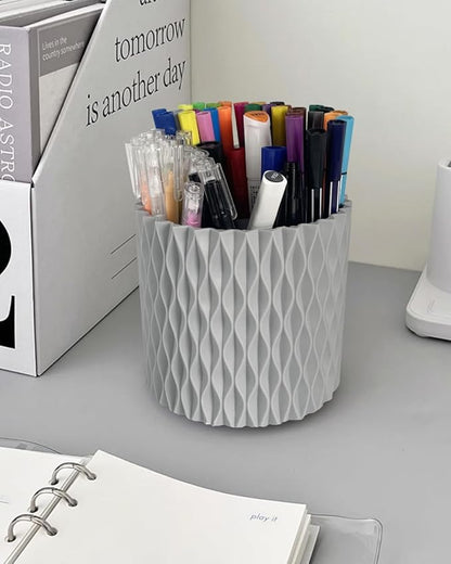 Rotating Pen Pencil Holder for Desk, 5 Slots Unique Grey Desk Pen Organizer Easthetic Desktop Supplies and Accessories for Women Girls, Pen Cup Pencil Caddy for Office Home Art Supply