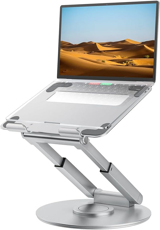 tounee Telescopic Laptop Stand for Desk with 360° Swivel Base, Sit to Stand, Height Adjustable, Portable Riser Holder for Good Posture, Compatible with All Laptops 10-17"-Silver