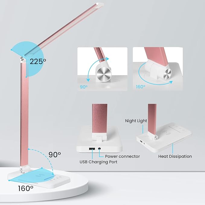 LED Desk Lamp with Night Light, Fast Wireless Charger, USB Charging Port, 10 Brightness, 5 Color Modes, Dimmable Bedside Table Lamp for Bedroom, Touch Control, Auto Timer, 1200Lux Super Bright