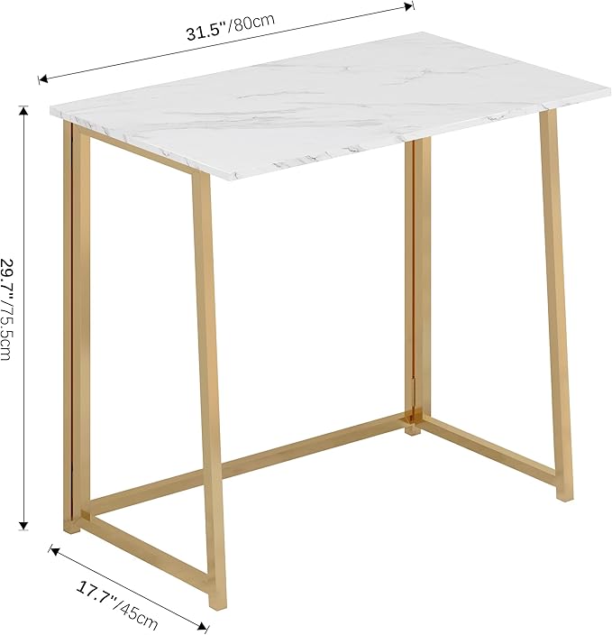 4NM 31.5" Small Folding Desk, Simple Assembly Computer Desk Home Office Desk Study Writing Table for Small Space Offices - White and Golden