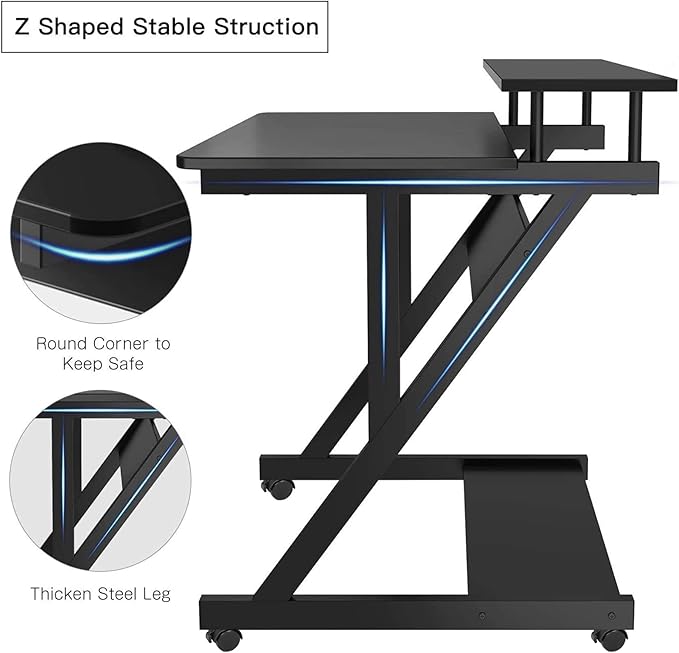 Dripex Computer Desk for Small Spaces, 27.5 inch Small Computer Desk, 3 Tier Compact Desk with Monitor Shelf and Bottom Storage Shelves, Space Saving Desk, Black