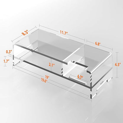 BEYGORM Acrylic Monitor Stand Riser, Wide 20", 2 Tier Computer with Storage, Desk Organizer Desktop Printer Laptop Storage Shelf Screen Holder Phone Holder(Clear)