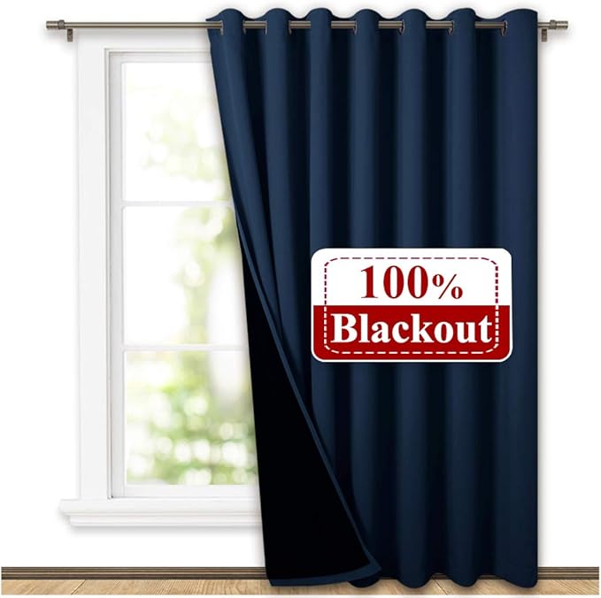 NICETOWN Warm Curtains for Winter, 100% Blackout Patio Sliding Door Wide Lined Drape, Keep Warm Drapery, Sliding Glass Door Panel for Oversleep (Navy, 1 Panel, 100 inches Wide x 95 inches Long