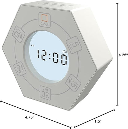 Hexagon Rotating Productivity Timer with Clock, Pomodoro Timer with 5,15, 30, 45, 60 Minute Presets, Timer for People with ADHD (White)