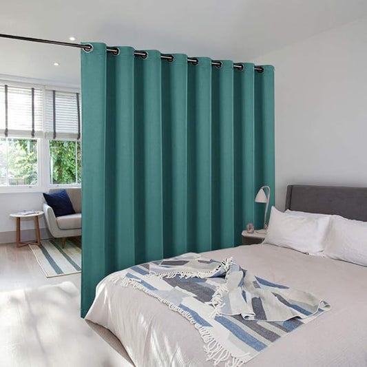 NICETOWN Room Dividers Curtain Screens Partitions, Premium Heavyweight Laundry Room Divider for Office, Vintage and Sliding Room, Including 16 Silver Ring Top (Sea Teal, 1 Panel, W15'xL8')