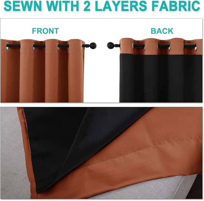 NICETOWN Burnt Orange 100% Blackout Window Curtain Panel, Cold and Full Light Blocking Drape with Black Liner for Nursery, 84 inches Drop Thermal Insulated Draperies (1 PC, 52 inches Wide Each Panel)