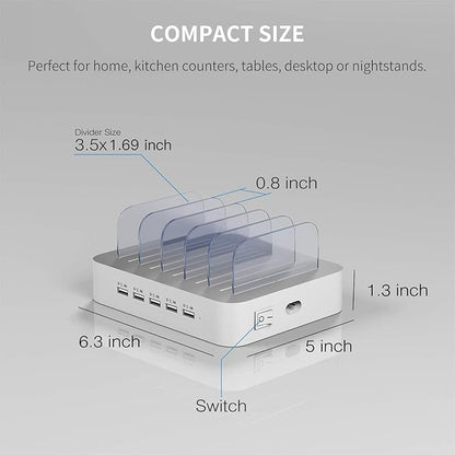 Charging Station for Multiple Devices, MSTJRY 5 Port Multi USB-A Charger Station with Power Switch Designed for iPhone iPad Cell Phone Tablets (White, 6 Mixed Short Cables Included)