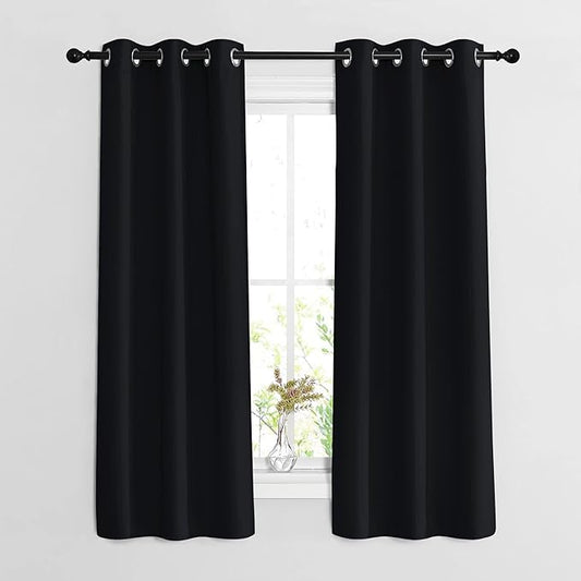 NICETOWN Black Curtains for Boys Room - Blackout Thermal Insulated Window Treatment Solid Grommet Room Darkening for Bedroom/Night Shift (Set of 2, W37 x L63)