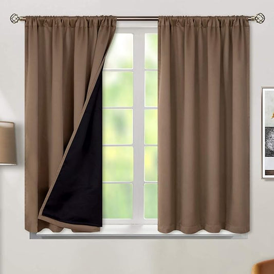 BGment Thermal Insulated 100% Blackout Curtains for Bedroom with Black Liner, Double Layer Full Room Darkening Noise Reducing Rod Pocket Curtain (52 x 45 Inch, Taupe, 2 Panels)