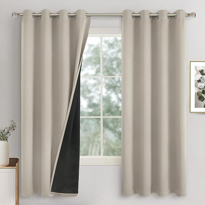 Camel 100% Blackout Curtains for Bedroom 63 Inch Length 2 Panels Set, Thermal Insulated Light Blocking Soundproof Grommet Heavy Window Curtains with Thick Liner, Each Bedroom Panel 52 Inch Wide