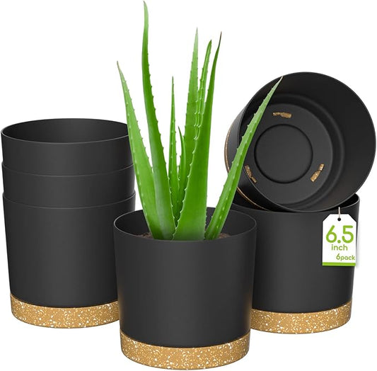 ZMTECH Plant Pots, Set of 6 6.5'' Self Watering Plastic Planter with Drainage Hole and Saucer,Modern Decorative Flower Pot for Indoor Outdoor House Plants, Succulents, Flowers - Dark Gray