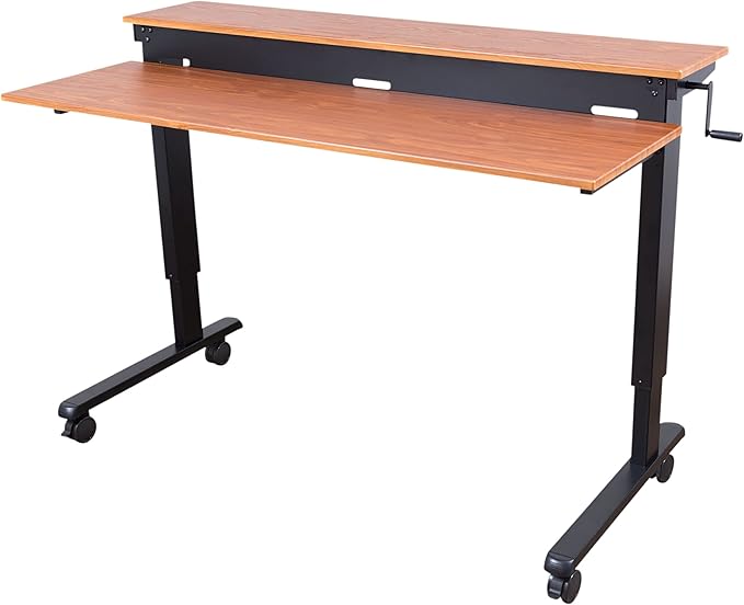 S STAND UP DESK STORE Crank Adjustable 2-Tier Standing Desk with Heavy Duty Steel Frame (Black Frame/Teak Top, 60 inch Wide)