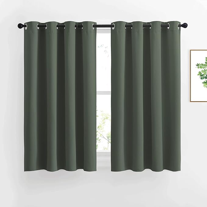 NICETOWN Blackout Curtains 45 inch Long for Bedroom - Window Treatment Thermal Insulated Blinds Solid Grommet Vertical Drapes for Kitchen, Dark Mallard, Set of 2, W52 x L45