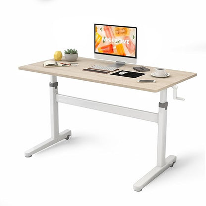 Manual Standing Desk Adjustable Height- Crank Mobile Standing Desk 48 x 24 Inches Sit Stand Desk Frame & Top, Stand Up Desk on Wheels, Computer Desk White Frame & Maple