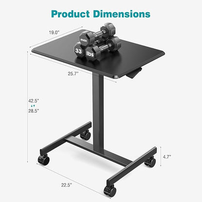 DUMOS Small Standing Desk Mobile Portable Rolling Laptop Desk on Wheels, Adjustable Height Table for Home Office, 19 Inch, Black