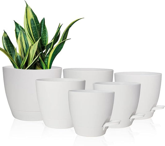 Planters for Indoor Plants, 8/7/6.5/6/5.5/5 Inch Self Watering Planters with Drainage Hole, Plastic Planters Flower Pots for Indoor Outdoor Plants (Matte White)