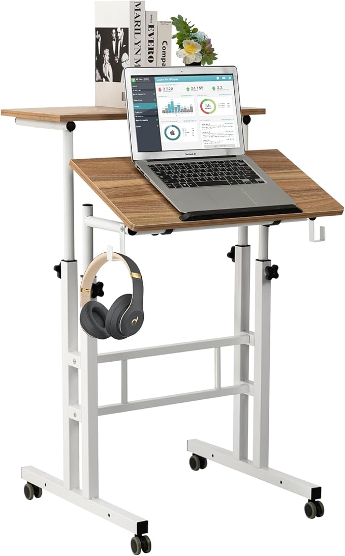 SIDUCAL Small Standing Desk, Portable Stand Up Desk, Height Adjustable Mobile Standing Desk Converter with Wheels Computer Workstations, Rolling Desk Laptop Cart for Standing or Sitting, Vintage Oak