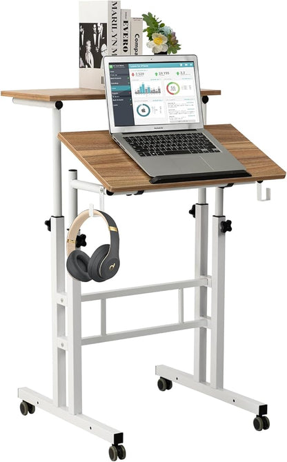 SIDUCAL Small Standing Desk, Portable Stand Up Desk, Height Adjustable Mobile Standing Desk Converter with Wheels Computer Workstations, Rolling Desk Laptop Cart for Standing or Sitting, Vintage Oak