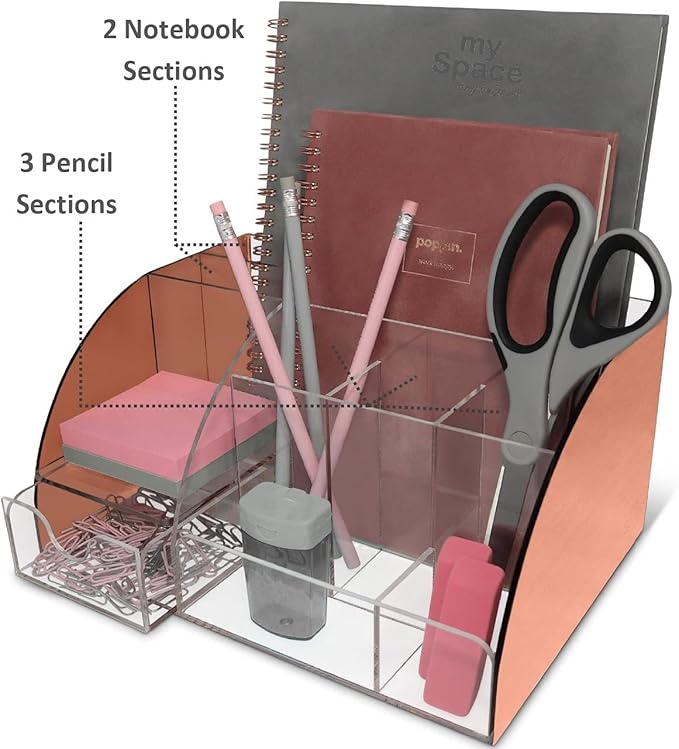 Rose Gold Desk Organizer, Acrylic, 9 Compartments, Office Supplies Desk Accessories Organizer with Drawer, Pen Holder, Office Decor Desktop Organization (Rose Gold)