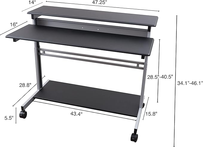 Stand Up Desk Store Rolling Adjustable Height Two Tier Standing Desk Computer Workstation (Silver Frame/Black Top, 48" Wide)