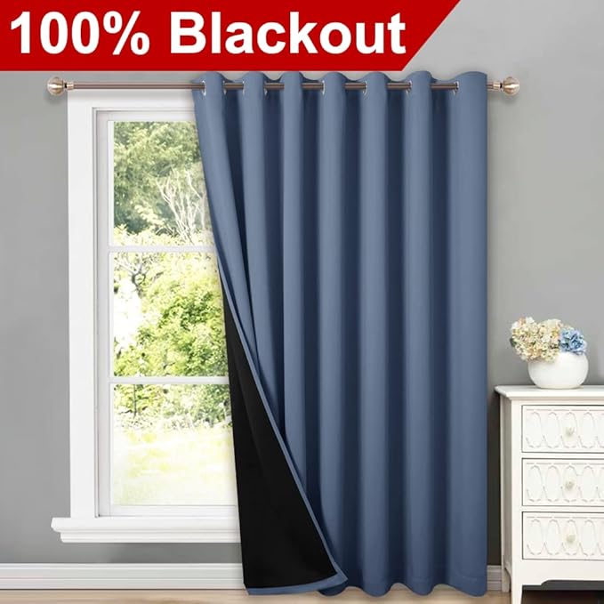 NICETOWN Total Shade Patio Door Curtain, Heavy-Duty Full Light Shading Sliding Door Drape Room Divider Curtain, Vertical Blind for Window（Stone Blue, 1 Panel, 100 inches Wide x 95 inches Long