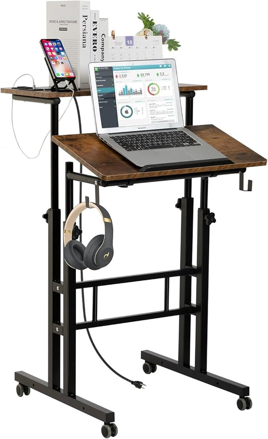 SIDUCAL Mobile Stand Up Desk, Adjustable Laptop Desk with Wheels, Home Office Workstation with USB Ports and Outlets, Rolling Desk Laptop Cart for Standing or Sitting, Rustic Brown