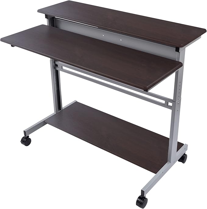 Stand Up Desk Store Rolling Adjustable Height Two Tier Standing Desk Computer Workstation (Silver Frame/Dark Walnut Top, 48" Wide)