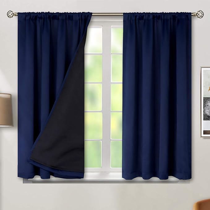 BGment Thermal Insulated 100% Blackout Curtains for Bedroom with Black Liner, Double Layer Full Room Darkening Noise Reducing Rod Pocket Curtain (52 x 54 Inch, Navy Blue, 2 Panels)