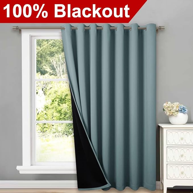 NICETOWN Greyish Blue 100% Blackout Room Divider Celling Curtains for Patio Door, Super Heavy-Duty Thermal Backing Sliding Door Drape, Privacy Assured Window Treatment(1 Panel, 100" W x 84" L)