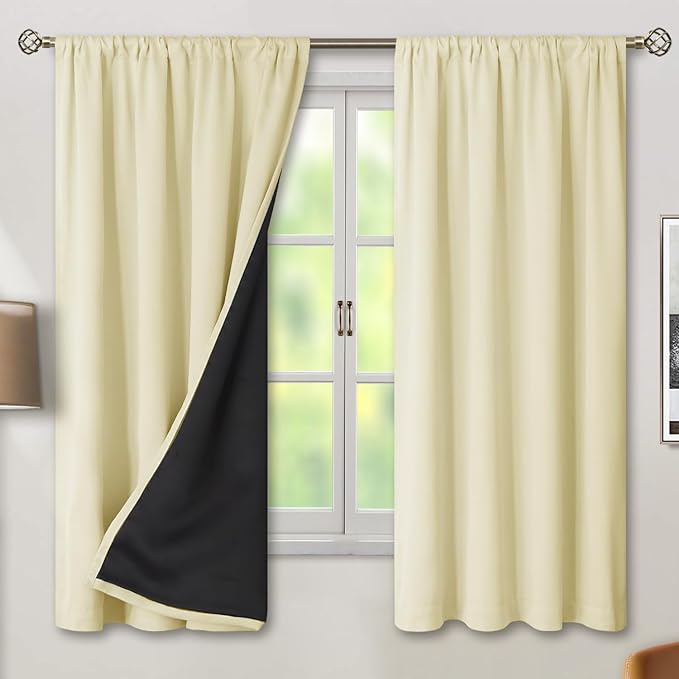 BGment 100% Blackout Curtains for Bedroom with Black Liner, Double Layer Thermal Insulated Full Room Darkening Noise Canceling Rod Pocket Bedroom Curtain (42 x 63 Inch, Cream, 2 Panels)