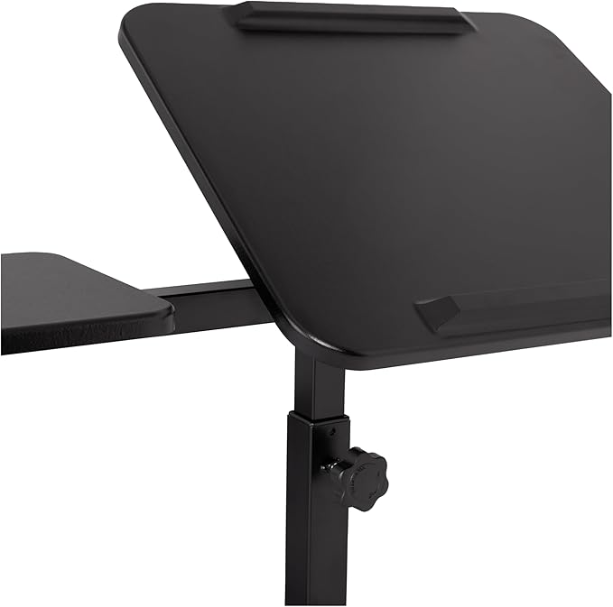 Seville Classics Airlift Height Adjustable Mobile Rolling Laptop Cart Computer Workstation Desk, Table for Home, Office, Classroom, Hospital, w/Wheels, Black, Tilt w/Side Table (28") (New Model)