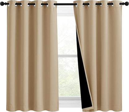 NICETOWN Bedroom Full Blackout Curtain Panels, Super Thick Insulated Grommet Drapes, Double-Layer Blackout Draperies with Black Liner for Small Window (Set of 2 Pcs, 46 by 54-inch, Biscotti Beige)