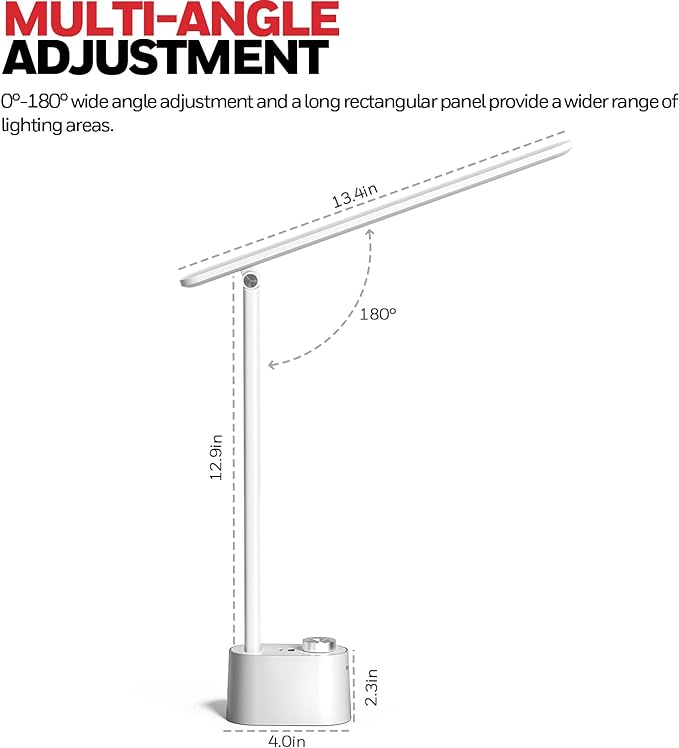 Honeywell LED Desk Lamp with USB Charging Ports - Sunturalux™ HWT-H01 Stepless Dimmable Eye Caring Table Lamp for College Dorm Home Office, Foldable Small Bedside Lamp for Bedroom with Base White