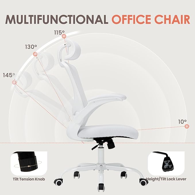 Ergonomic Mesh Office Chair, High Back Executive Desk Chair with Adjustable Headrest and Lumbar Support, Flip-Up Arms, Rocking, Swivel Rolling Computer Mesh Chair for Home Office-White