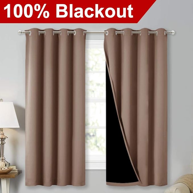 NICETOWN Total Blackout Panels for Nursery, Super Soft, Heavy Duty and Thick Window Treatment Curtains 63 inches Long with Black Lined for Basement, (1 Pair, Cappuccino, 52 inches Wide Each Panel)