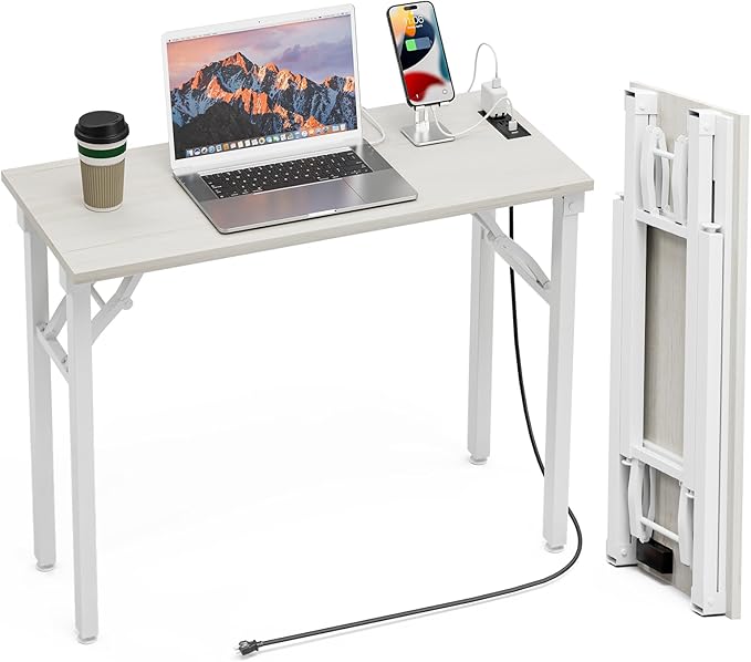 TEMI Small Computer Desk Folding Table - No Assembly, Compact 35.8" Foldable Desk with Power Outlets & USB Charging Port, Portable Small Office Desk, Ideal Mini Study Table for Small Spaces, White