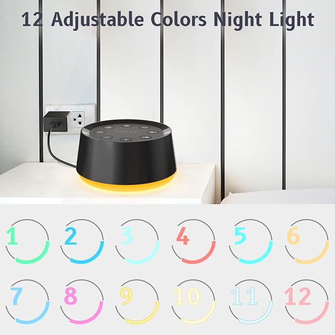 White Noise Machine with 30 Soothing Sounds 12 Colors Night Light Sound Machine for Adults Baby Kids Sleep Machines 36 Volume Levels Memory Function 5 Timers for Home Office Travel