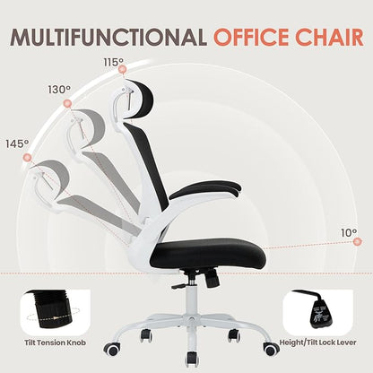 Ergonomic Mesh Office Chair, High Back Executive Desk Chair with Adjustable Headrest and Lumbar Support, Flip-Up Arms, Rocking, Swivel Rolling Computer Mesh Chair for Home Office-Black