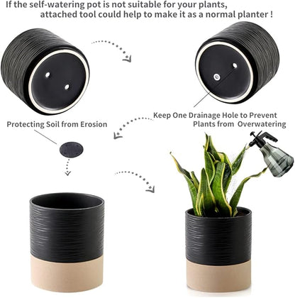 Nihow Self Watering Plant Pot: 6 Inch Ceramic Planter with Drainage Hole & Water Storage Plus for Indoor & Outdoor Plants - Cylinder Round Flower Pot for Succulent/Herbs/Violets - Black & Brown