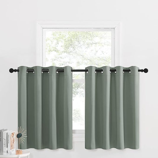 NICETOWN Window Valances and Tiers for Living Room, Country Room Darkening Short Curtains for Kitchen Grommet Rustic Window Cover for Bathroom/Laundry Room, 2 Pieces, 52" W x 36" L, Greyish Green